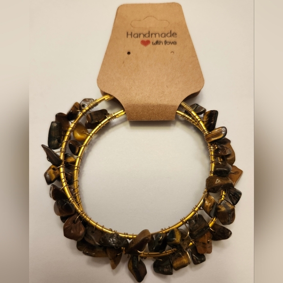 Gold stainless hoops handcrafted vintage brown rocks individually wire wrapped - Picture 1 of 6